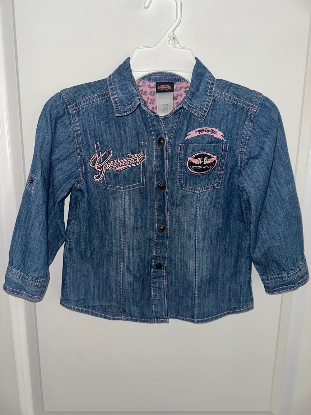 Harley-Davidson Denim Button Down Shirt Pink Embroidery, Size 4T